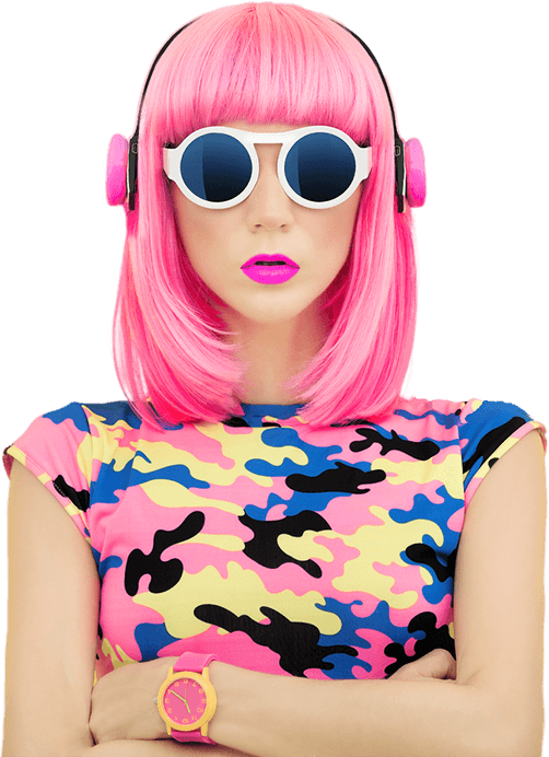 Image of a cool looking pink haired girl with glasses and headphones